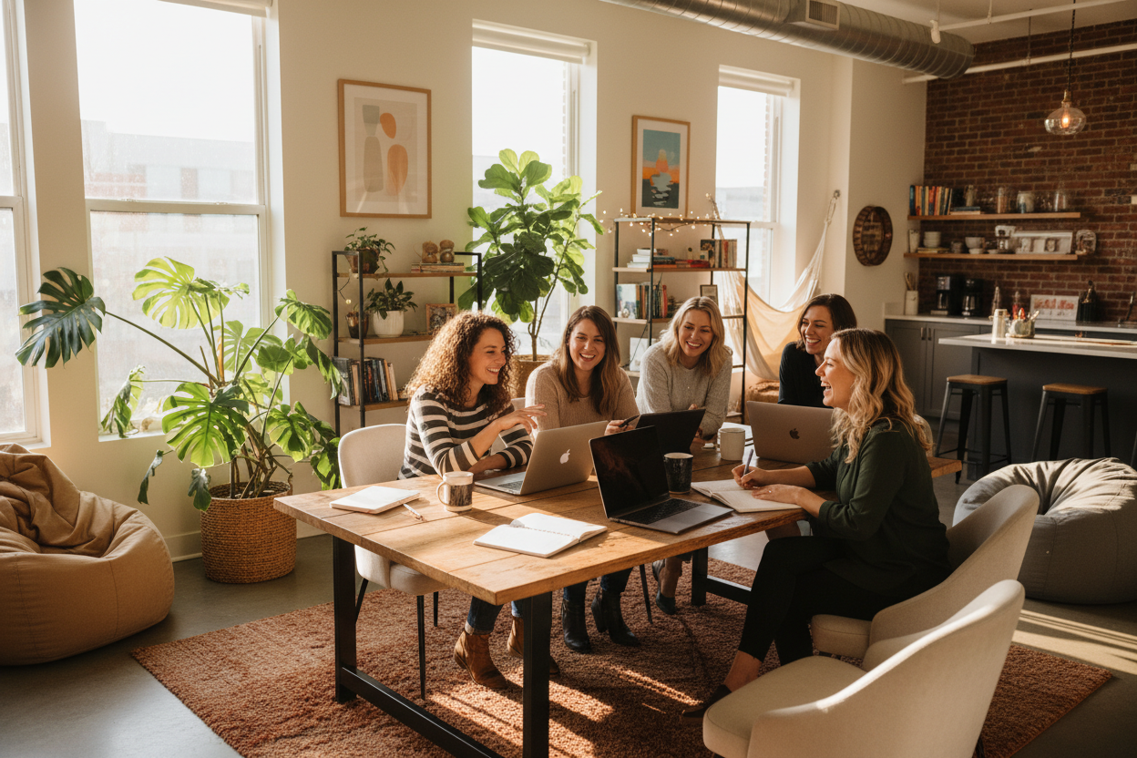 equipo de chicas trabajando en una oficina desenfada y contentas