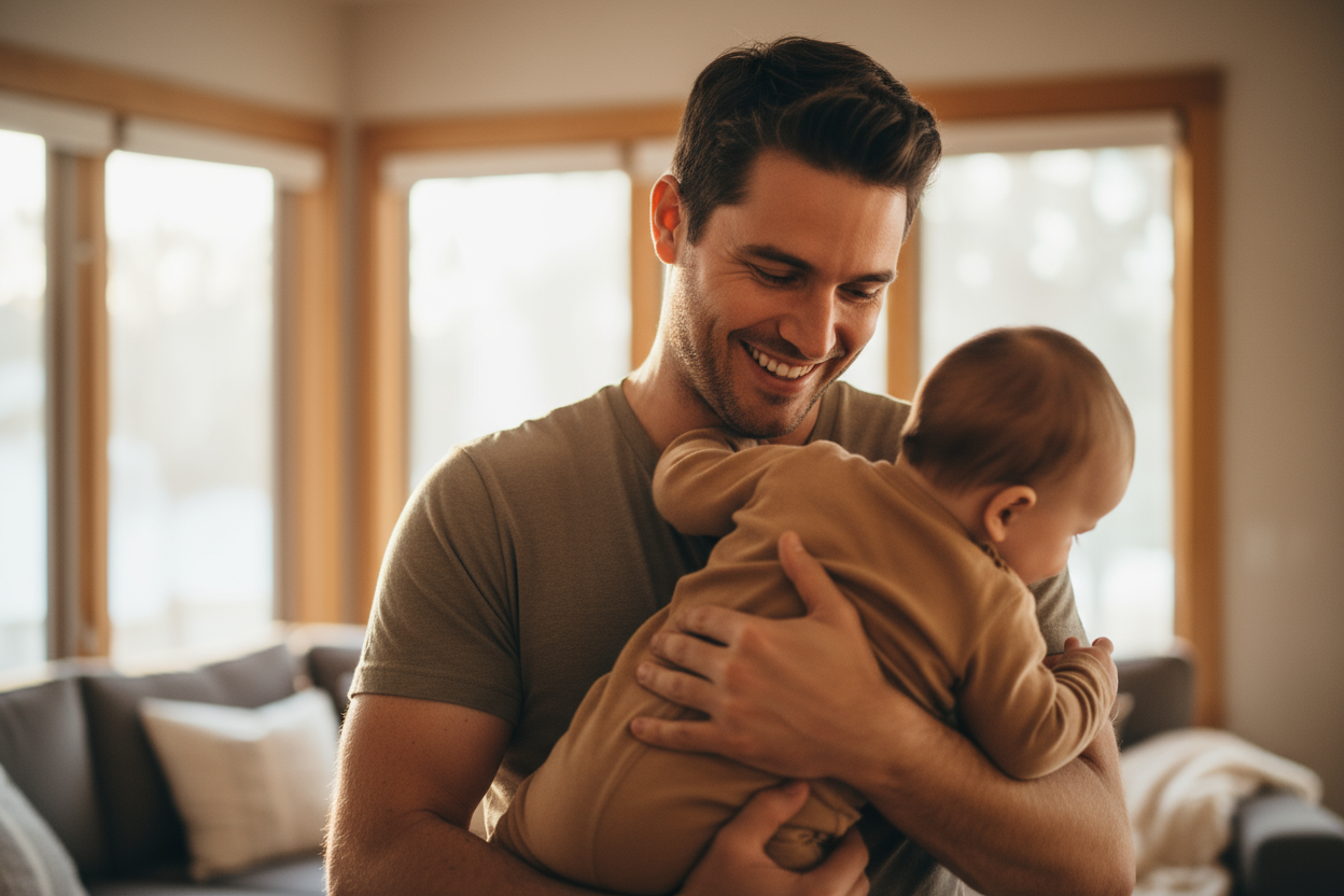 padre feliz llevando a su hijo en brazos, es un bebé de 1 año o asi desfendadado y que no se vea la cara del niño